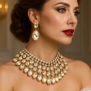 Brand New Champagne Crystal Chunky Crystal Bib Necklace Earrings Wedding Jew…